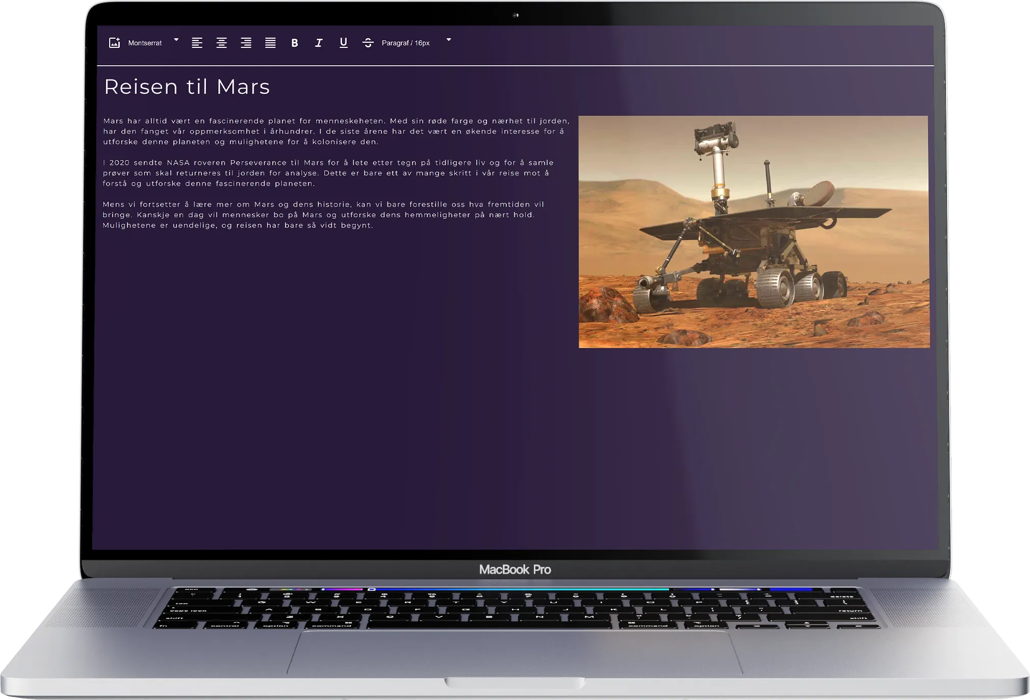 Et bilde av Textify i bruke til å skrive en kort artikkel om at nasa landet et romfartøy på Mars